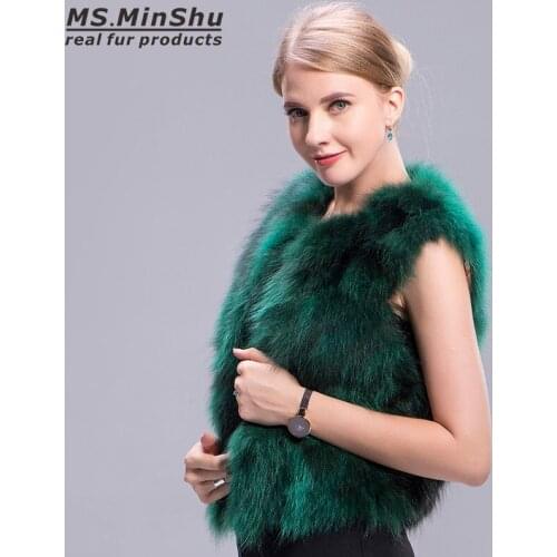 Ms.MinShu Raccoon Waistcoat Green Short Winter Fox Fur Vest Sleeveless Women Raccoon Fur Coat Fashion Real Fur Vest for Girl