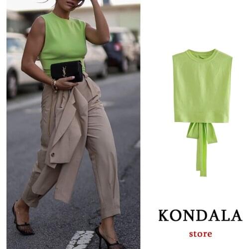 KONDALA Za 2021 Sexy Chic Green Cropped Tops Mujer Backless Bow Tie Streetwear Women Blouses O Neck Slim Girls Tops
