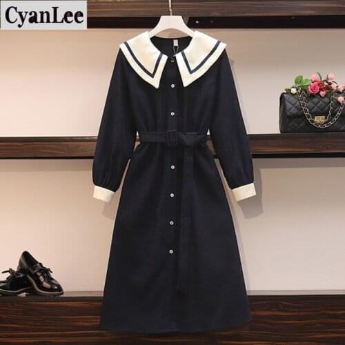 Cyanlee plus size women elegant vintage dress autumn 2020 fashion Peter pan collar long sleeve a line long dress women vestidos