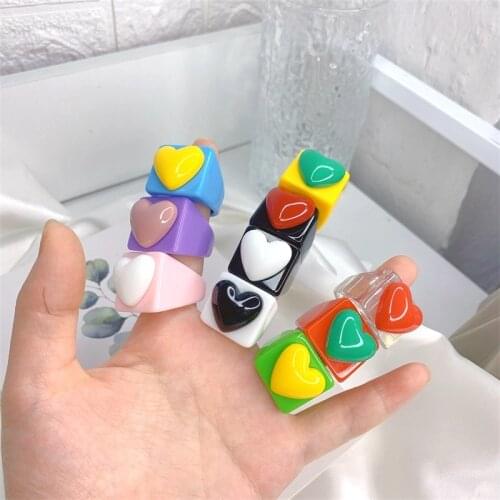 10Pcs Sweet Cute Jewelry Colourful Heart Shape Square Resin Chunky Rings for Women Girls