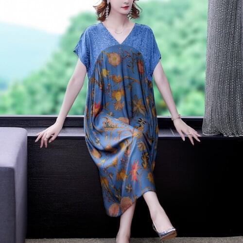 2021 Casual 4XL Plus Size Floral Satin Midi Sundress Summer Elegant Print Mulberry Silk Beach Dress Women Bodycon Party Vestidos
