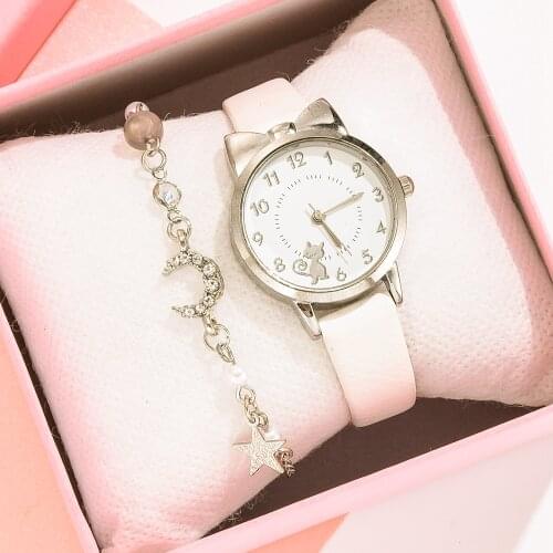 NEW Fashion Women Watch Luxury Leather Band Cat Style 2 Piece Set Analog Quartz WristWatch Ladies Watch Women Dress Reloj Mujer