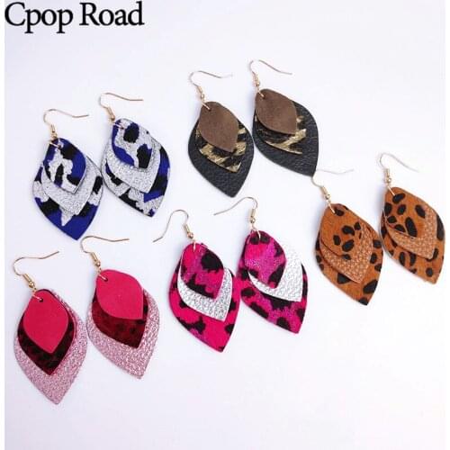 Cpop Multilayer Genuine Sheep Cowhide Leather Feather Earrings Glitter Statement Leopard Earrings Jewelry Women Accessories Gift