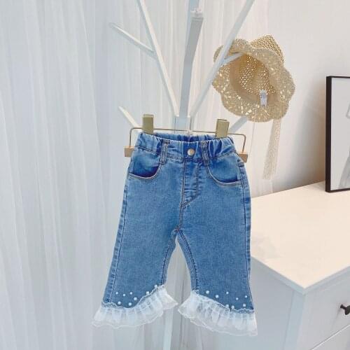2021 Summer Childrens Solid Mesh Beading Denim Jeans Trousers Girls Casual Boot Cut Pants