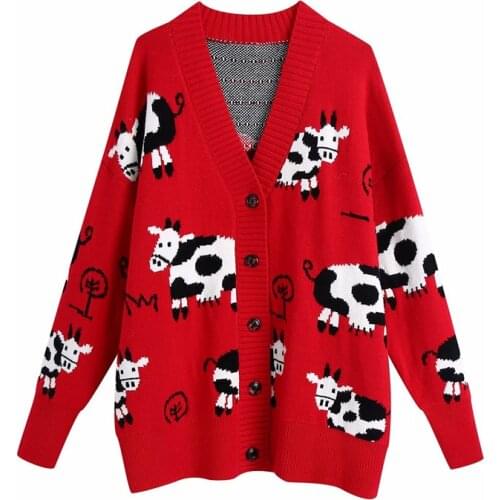 Evfer Women New Spring Knitted Cow Print Za Red Long Cardigans Outwear Female Fashion V-Neck Long Sleeve Loose Sweaters Chic