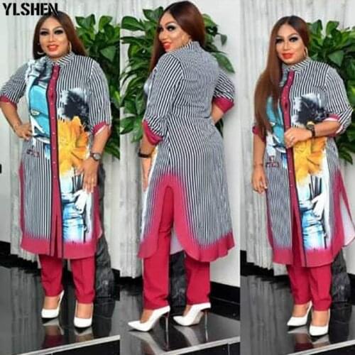Two Piece Set Africa Clothes African New Dashiki Fashion Striped Print Suit Dress Trousers Super Elastic Party For Women Outfits