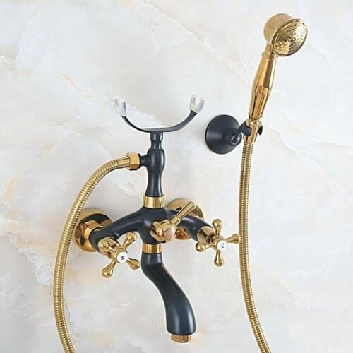 Oil Rubbed & Gold Brass Two Handle Wall Mounted Bathroom Bath Tub Faucet Set with 150CM Hand Held Shower Spray Mixer Tap 2na579