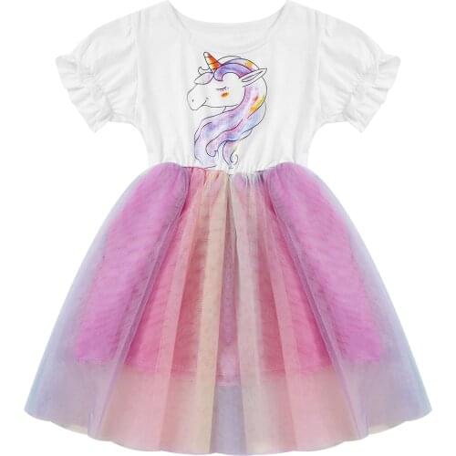 Summer Baby Girls Cartoon Dress Fashion Horse Printed Rainbow Mesh Veil Party Dress Girls Costume Cute Little Girls Clothing