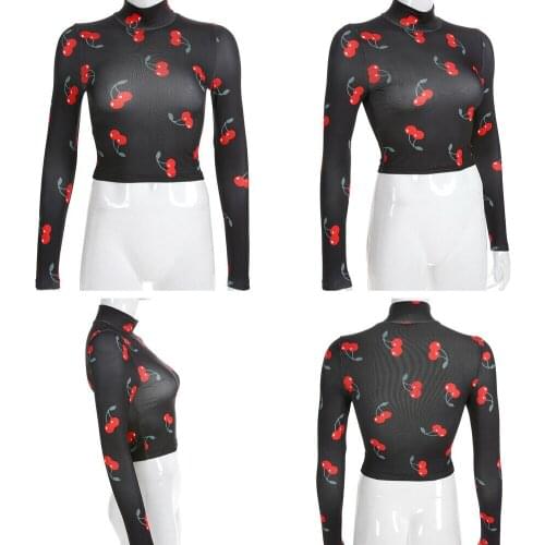 2020 Hot Selling European American Fashion Ladies Slim Sexy Half High Neck Cherry Print Long Sleeve Bottoming Shirt All-match
