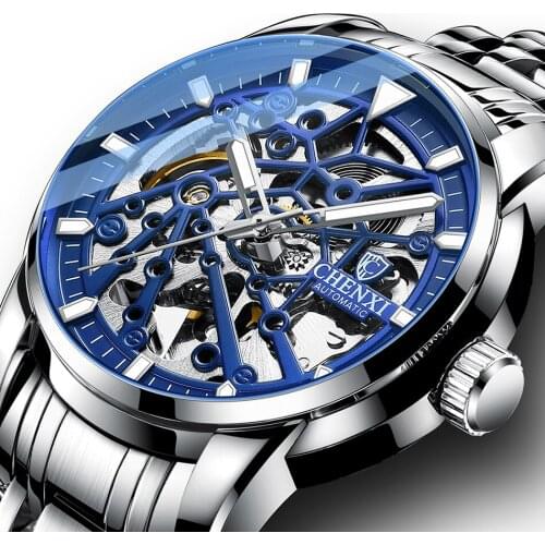 Fashion Automatic Mechanical Men Watch Silver Stainless Steel Top Brand CHENXI Unique Male Business Casual Dress Wristwatch