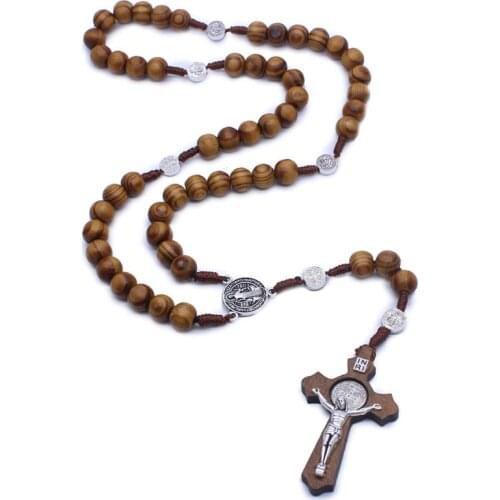 Fashion Handmade Round Bead Catholic Rosary Cross Religious Wood Beads Men Necklace Charm Gift