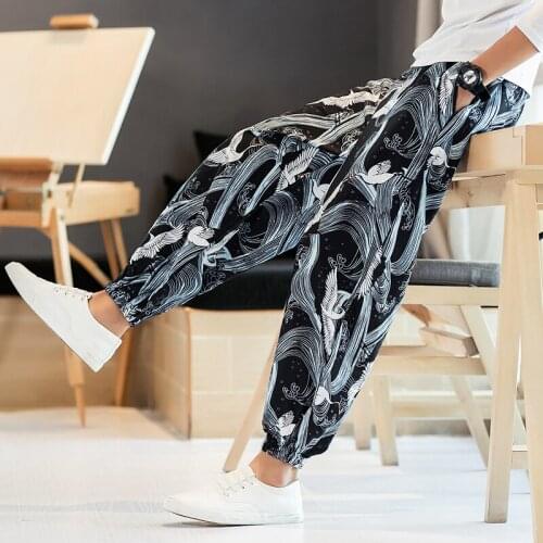 Mens Pants 2019 Men Crane Print Balck Pants Male