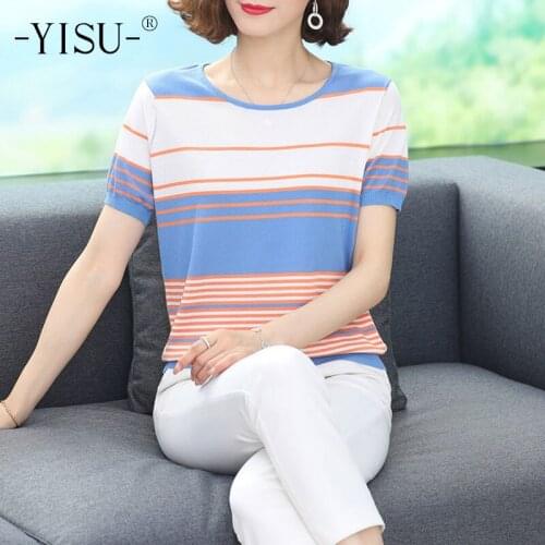 YISU 2021 New Thin simple Women Sweater Summer Stitching color O-Neck Short sleeve Loose Jumper Female Casual Knitted Pullover