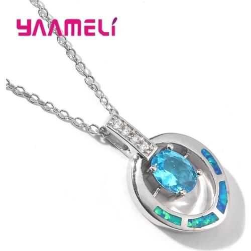 Cute Sea Blue Fire Opal Pendant Necklace for Women 925 Sterling Silver Austrian Crystal Oval Stone Party Accessories Jewelry
