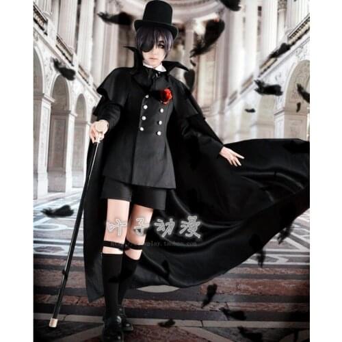 New Cos Ciel Phantomhive Cosplay Anime Black Butler Halloween Funeral Dress Full Set 7in1 (Top+Pants+Cloak+Coat+Tie+Hat+Eye patc