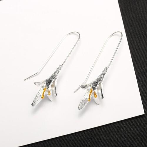 Orchid Flower Golden Stamens Long Piercing Hook Vintage Silver Plated Drop Earrings Women Dangle Earrings