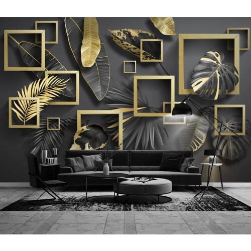 Simple golden leaf tropical plant mural geometric light luxury home decoration living room bedroom custom size 3d wallpaper
