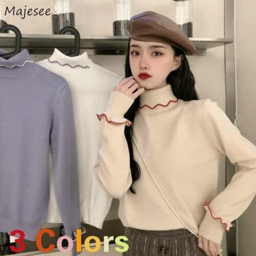 Pullovers Women Autumn Knitted Patchwork Long Sleeve Turtleneck Casual Sweet Girls Simple Leisure Korean Style Sweaters Female