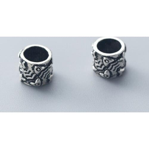 925 Sterling Silver Fish Carved Cylinder Charm Beads Big Hole Vintage Loose Spacer Beads Fit Bracelets Necklace DIY Jewelry Make