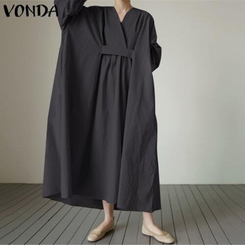 Loose Solid Dress VONDA 2021 Autumn Sexy V Neck Long Sleeve Pleated long Maxi Dresses Bohemian Party Vestidos S
