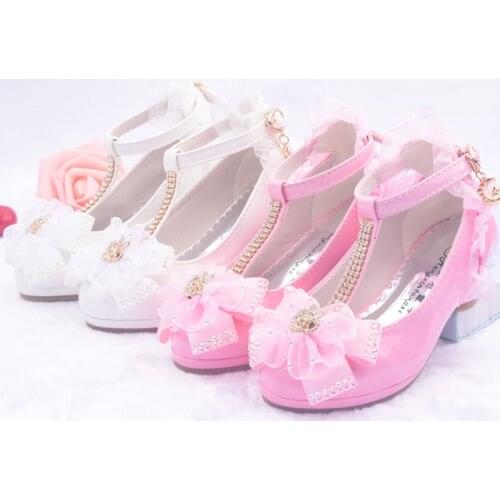 Flower Children White Rhinestone High-Heeled Shoes For Girls Party And Wedding Dance Princess Crystal Shoes 10 12 14 16 Years