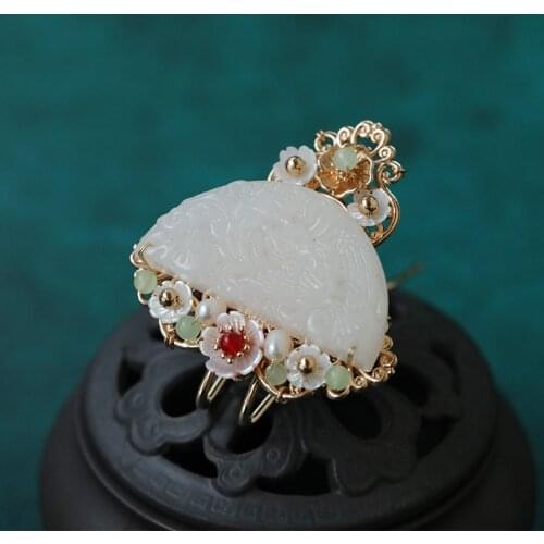 Stone Inlay Chinese Style U Shaped Hair Stick Vintage Hand Beaded Hairpin Peony Flower Hair Pin Jewelry Hair Accessories