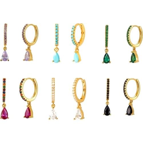 925 Sterling Silver Huggie Hoop Earrings for women Rainbow Black Crystal Zircon Water Drop Hanging Prevent Allergy Earrings 2021