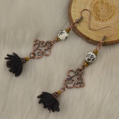 Chinese Style Vintage Copper Alloy Colored Drawing Ceramics Beads Cloth Material Flower pendant Long Dangle Earrings For Women