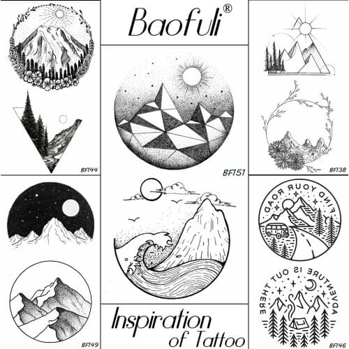 Baofuli Geometric Black Mountain Fake Tatto Round Diamond Temporary Tattoo Painting Art Tattoos Galaxy Women Men Arm Ocean Wave