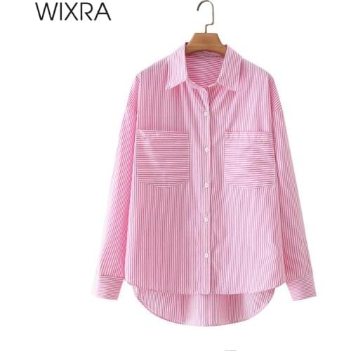 Wixra Women Blouse Korean Style Turn-Down Collar Striped Long Sleeve Simple Casual Shirts Lady Clothes Blusas Pockets