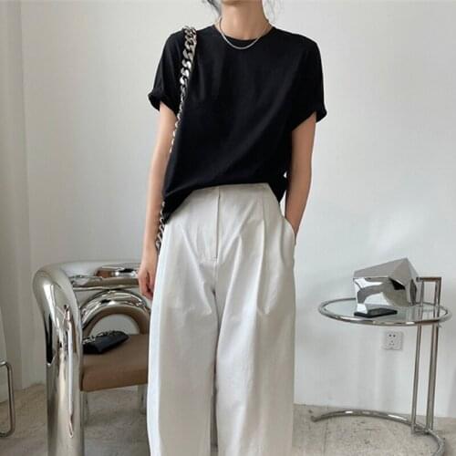 2021 New Summer High Quality Women T-shirt Round Neck Loose Fashion Ladies Tee Solid Color Casual Elegant Female Tops T108