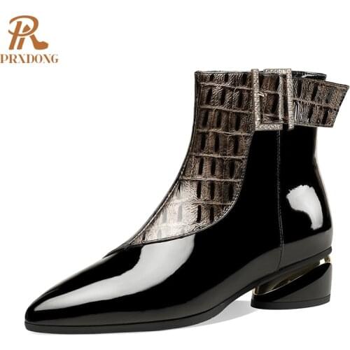 2021 New Fashion Genuine Patent Leather Autumn Winter Women Ankle Boots Black Zipper Dress Office Ladies Shoes Riding Boots 42