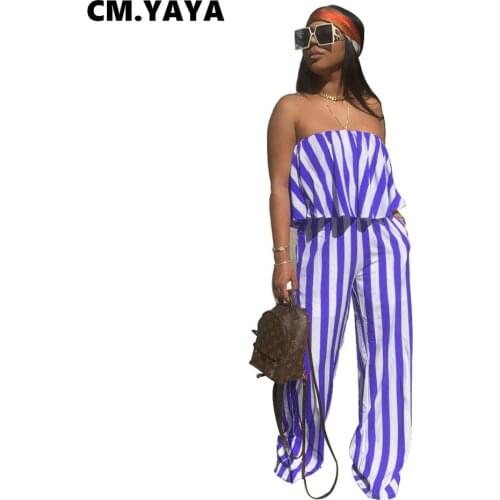 CM.YAYA Women Set Striped Sleeveless Strapless Loose Tops and Pants with Pockets Two Piece Set Fashion Streetwear Summer Outfits