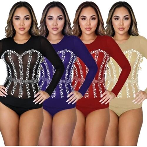 2021 Fashion Women Pearl Beading Mesh Patchwork Long Sleeve Jumpsuits Sexy See Through O Neck One Piece Overalls Croset Rompers