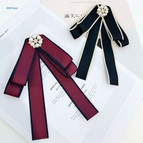 Korean Vintage Women Girls Brooch Bow Tie Imitaion Pearl Rhinestone Flower Jewelry Pin Necktie Preppy Style Corsage
