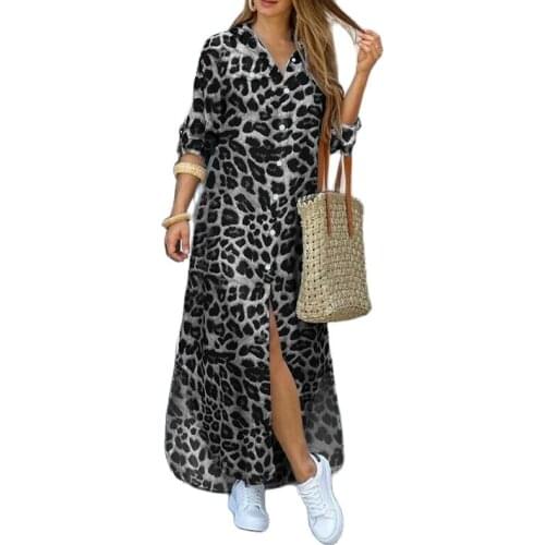 Oversize Loose Leopard Splice Casual Turn-Down Collar Dress For Women Summer Lady Long Sleeve Shirt Vestidos Kупальники Платья