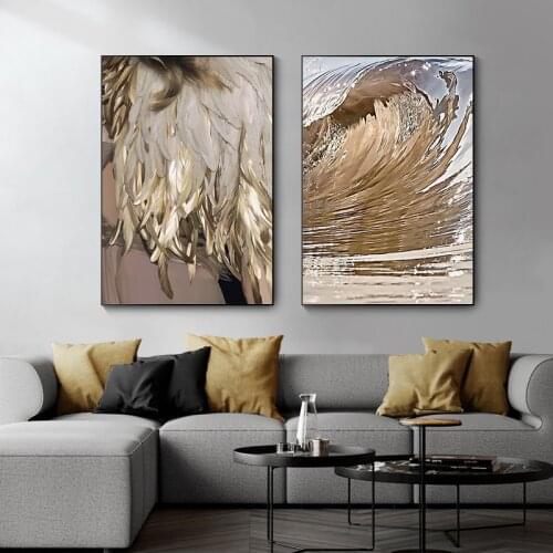 Gold Wing Feather Oil Painting on The Wall Scandinavian Style Art Posters and Scandinavian Photo Prints Decorate The Living Room