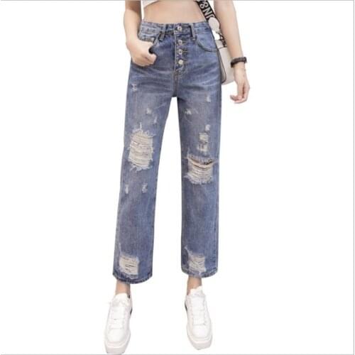2018 High Quality Women Hole High Waist Jeans Button Female Wide Leg Pants Ankle-Length Women Jeans Fashion Streetwear LooseQ191