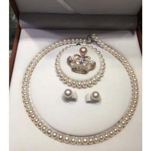 Free shipping 8-9mm AAA white pink Lavender Freshwater Pearl Necklace Bracelet Earrring free Collocation brooch Sets