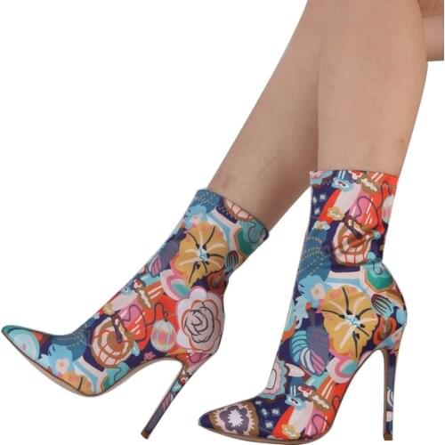 Big Size 44 Mixed Color Floral Print Women Pointed Toe Slip-on Fashion Ankle Boots High Tops Shoes Women Sexy Short Booties