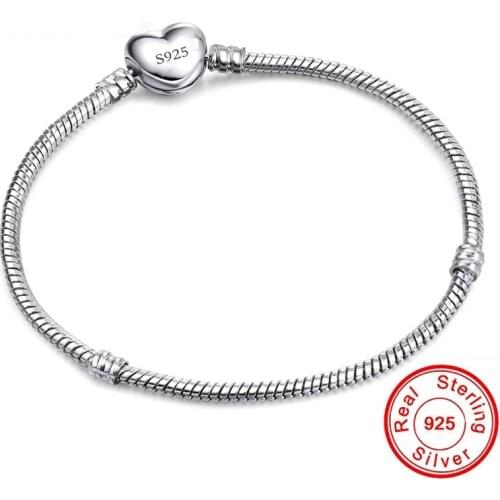 Handmade Jewelry Real 925 Sterling Silver Charm Bracelet Bangle Smooth Heart shape Bracelets for Women men DIY Jewelry 16-23cm