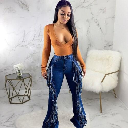 Tassel Patchwork Streetwear Bell Bottom Trouser Women Sexy High Waist Push Up Denim Pant Vintage Stretchy Bodycon Slim Jeans