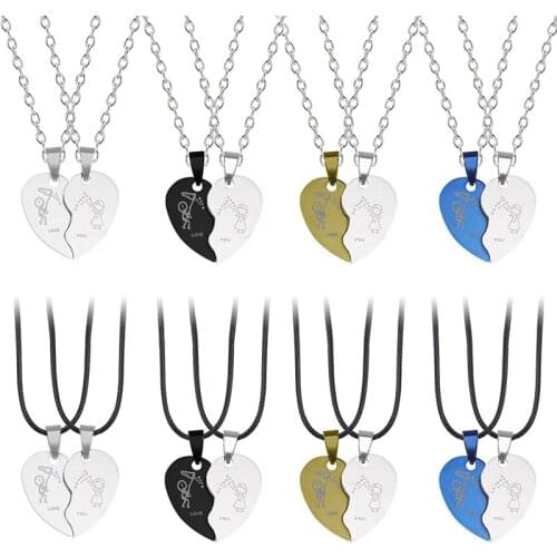 Couple 2-piece Necklace Splicing Heart-shaped Carved Pattern Pendant Stainless Steel Chain Men And Women Fashion Jewelry Gift