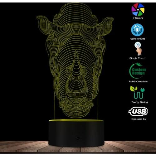 3D Optical Illusion Lamp Animal Rhino 3D Effect 16 Colors Changing For Home Decoration Indoor LED Night Light Novelty Lights