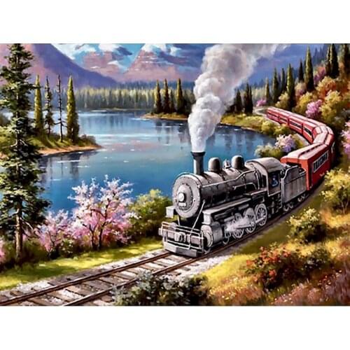 Gatyztory Frame Train Painting By Numbers Landscape Canvas Colouring Handpainted Diy Gift Home Wall Decor 60×75cm