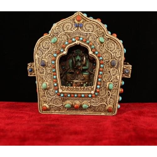 5"Tibet Temple Collection Old Tibetan silver Filigree mosaic Gem Green Tara Tara Bodhisattva Quack box Town House Exorcism