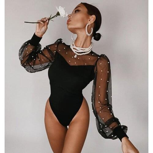 Bodysuits Women Round Collar Mesh Chiffon Polka Dots Long Sleeve Bodycon Jumpsuits Tight Solid Color High Waist Bodysuits Romper