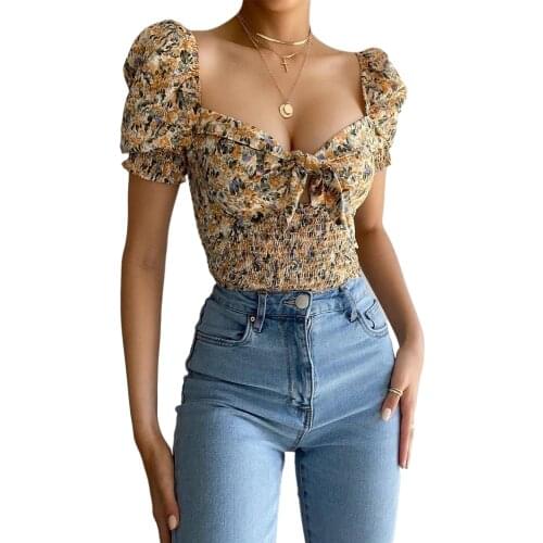Summer Tops Women 2021 for Girls Floral Puff Sleeve Bow Kawaii Blouses and Tee Shirts Female Clothing Pullovers Corset Tunics