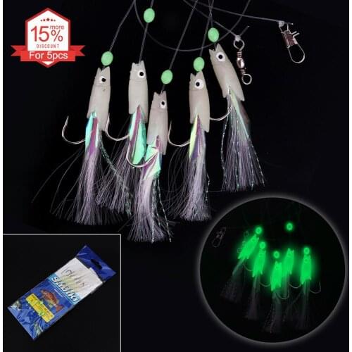5 In 1 Luminous Sabiki Soft Fishing Lure Hook 1/0# 1# 2# 3# 4# Fishing String Hook During Dark Night Fishing Tackles