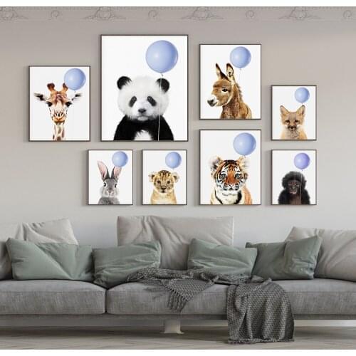 Set of 8 Print Minimalist Baby Panda With Blue Balloon Pictures Nursery Donkey Deer Lion Cub No Frame Wall Painting